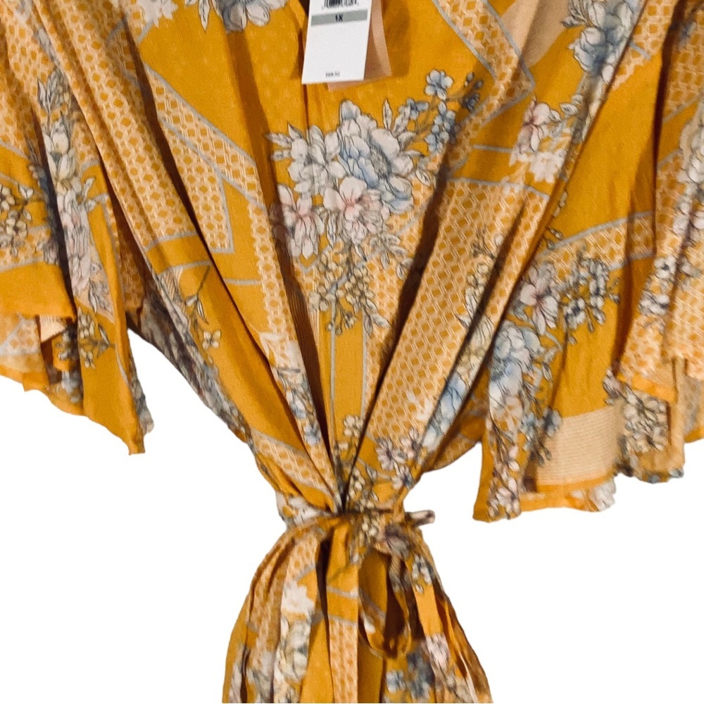 Jessica Simpson Tie Waist Blouse Yellow Floral Sz 1X Gardenia - Picture 7 of 7
